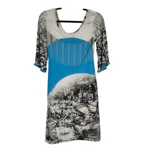 Save The Queen Vintage Y2K Blue White Mini Dress Womens S 3/4 Sleeve City Scene